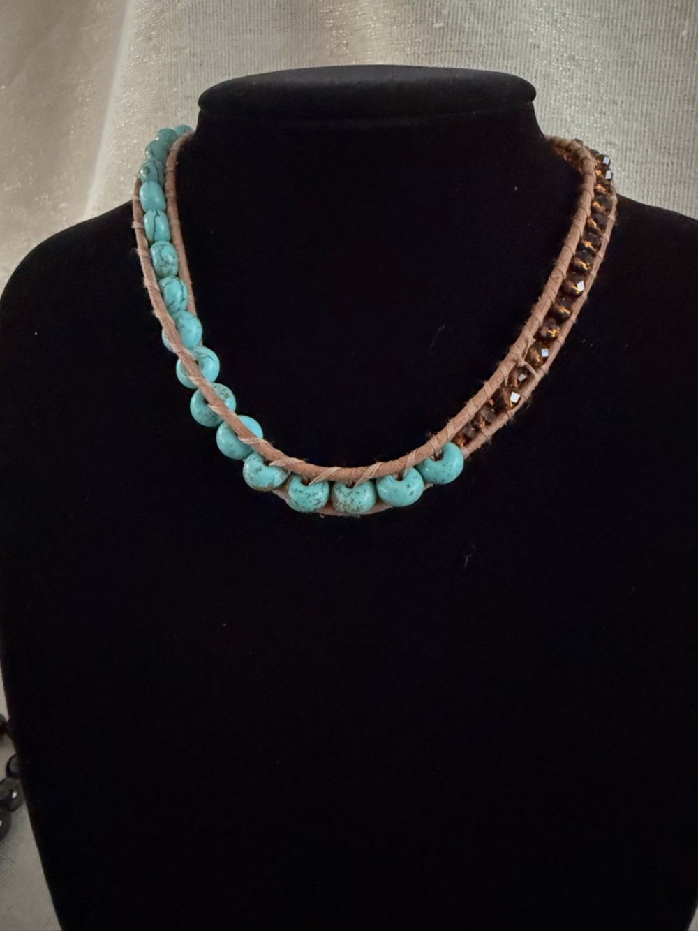 Turquoise Bead & Brown Leather Wrapped Necklace - Women Jewelry